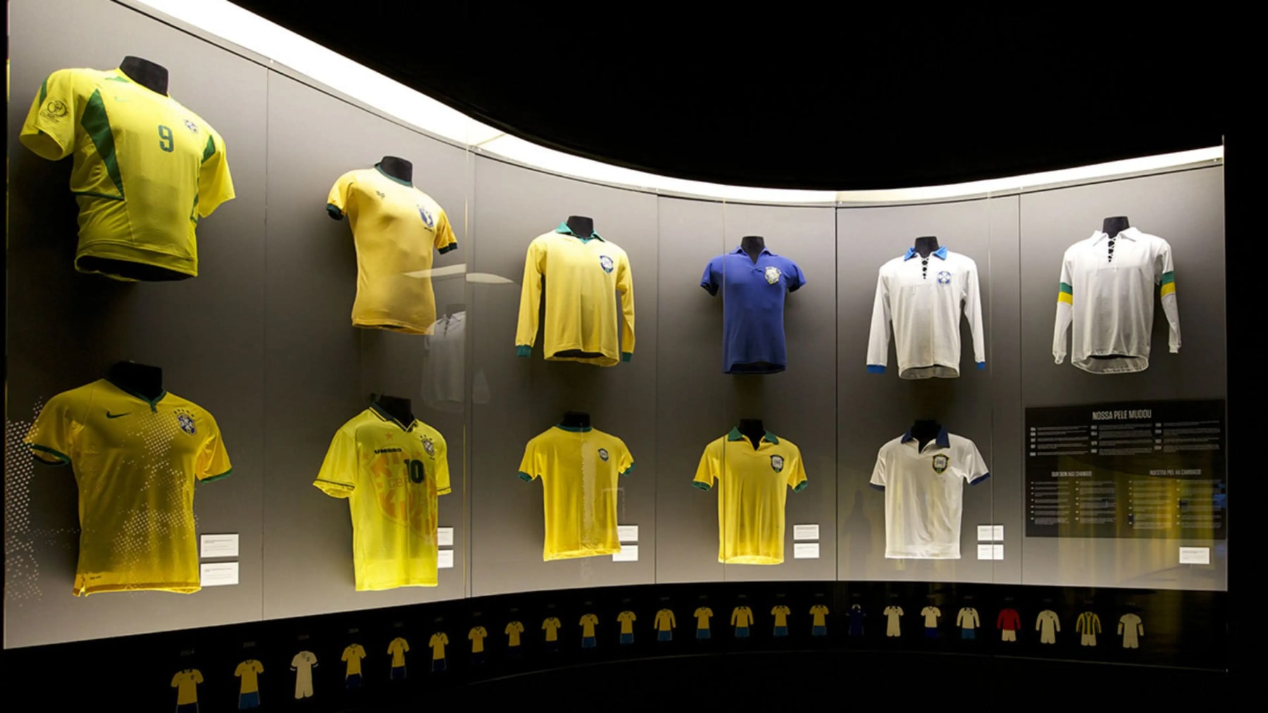 Une image montrant l&rsquo;histoire des couleurs des maillots de football de l&rsquo;&eacute;quipe nationale du Br&eacute;sil, qui a commenc&eacute; avec le blanc puis a chang&eacute; pour le jaune et l&rsquo;utilise depuis lors.